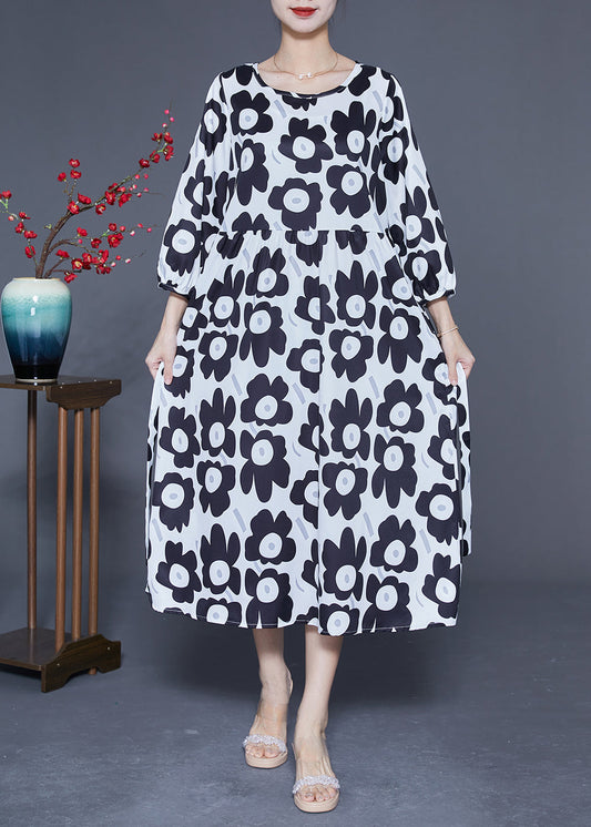 Unique Black O-neck Sunflower Print Silk Dresses Bracelet Sleeve