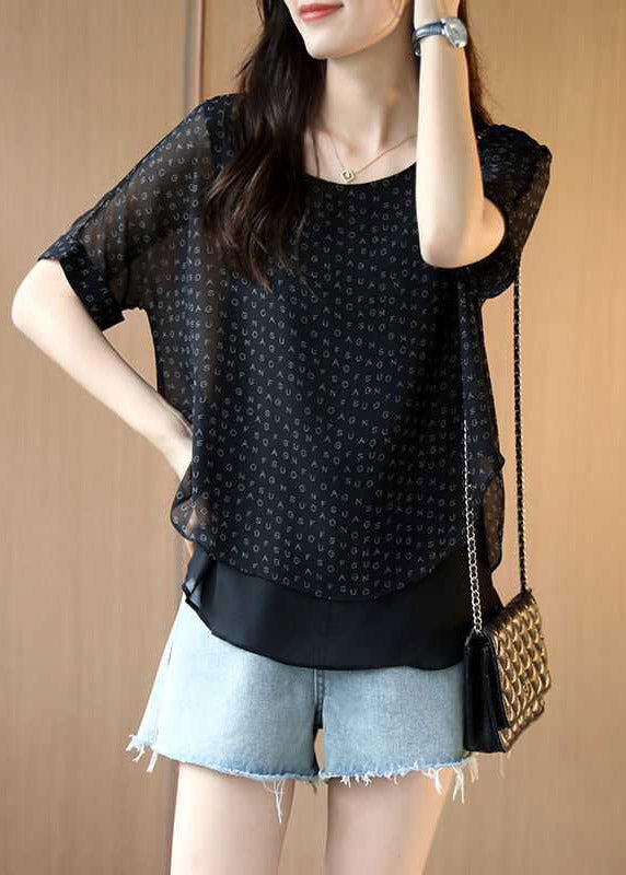Unique Black O-neck Layered Design Letter Print Chiffon Tops Short Sleeve