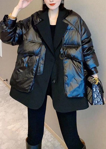 Unique Black Patchwork Button Drawstring Winter Duck Down Coats