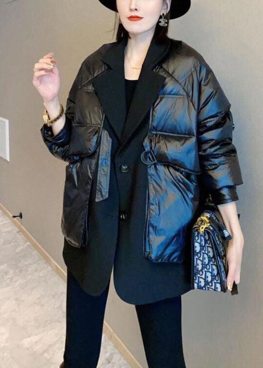 Unique Black Patchwork Button Drawstring Winter Duck Down Coats