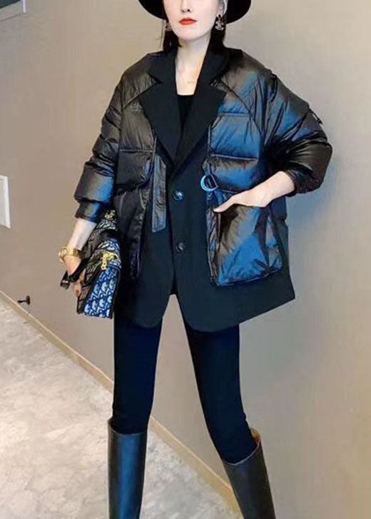 Unique Black Patchwork Button Drawstring Winter Duck Down Coats