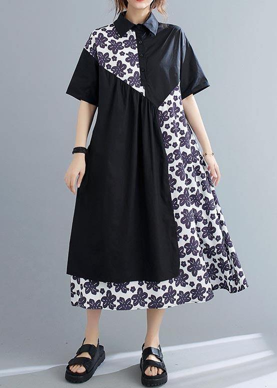 Unique Black Patchwork Print Peter Pan Collar Summer Chiffon Dress