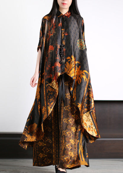 Unique Black Peter Pan Collar Asymmetrical Button Silk Long Shirts and Wide Leg Pants Two Pieces Set Summer