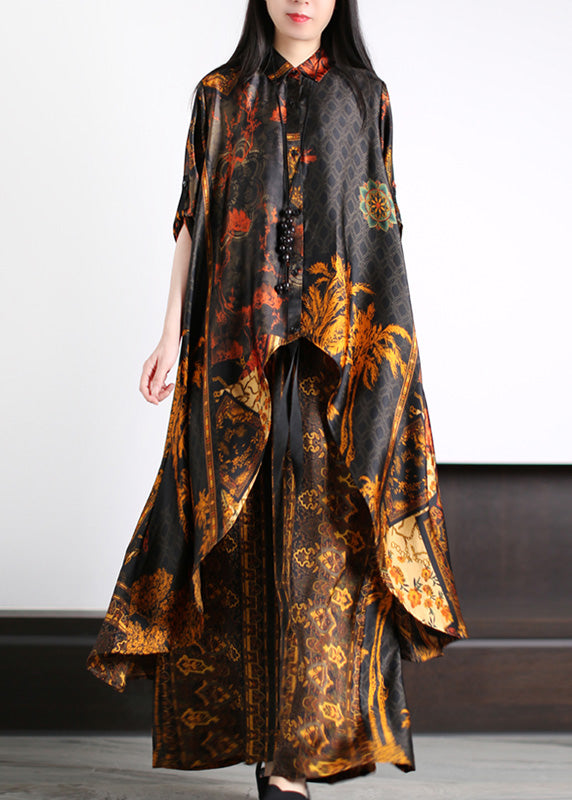 Unique Black Peter Pan Collar Asymmetrical Button Silk Long Shirts and Wide Leg Pants Two Pieces Set Summer