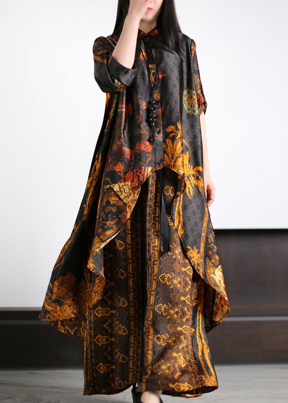 Unique Black Peter Pan Collar Asymmetrical Button Silk Long Shirts and Wide Leg Pants Two Pieces Set Summer