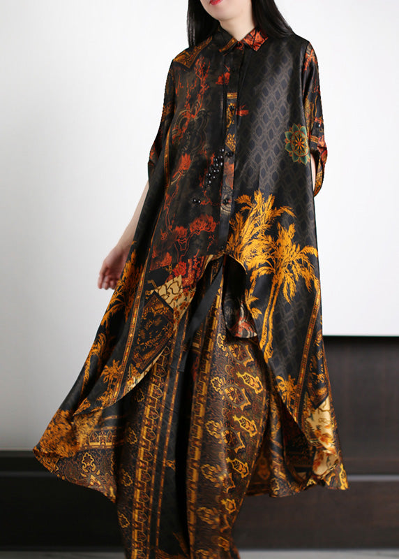 Unique Black Peter Pan Collar Asymmetrical Button Silk Long Shirts and Wide Leg Pants Two Pieces Set Summer