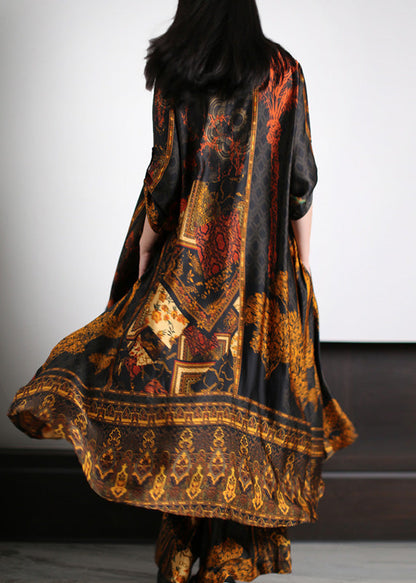 Unique Black Peter Pan Collar Asymmetrical Button Silk Long Shirts and Wide Leg Pants Two Pieces Set Summer
