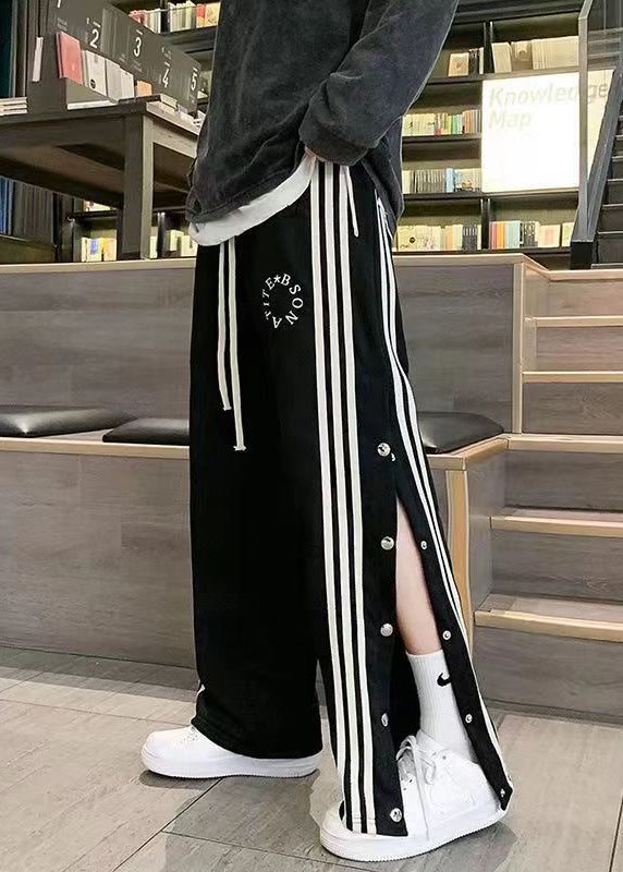 Unique Black Pockets Striped Side Open Cotton Pants Fall