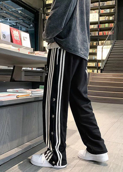 Unique Black Pockets Striped Side Open Cotton Pants Fall