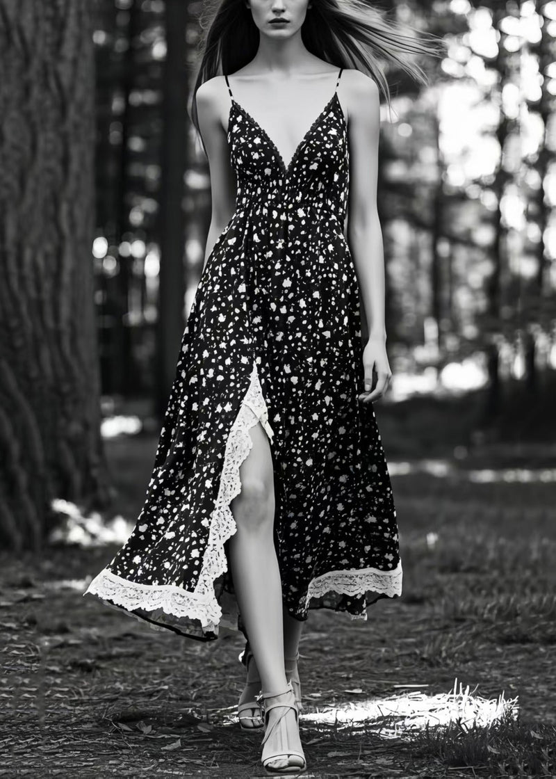 Unique Black Print Side Open Exra Large Hem Cami Dresses Summer