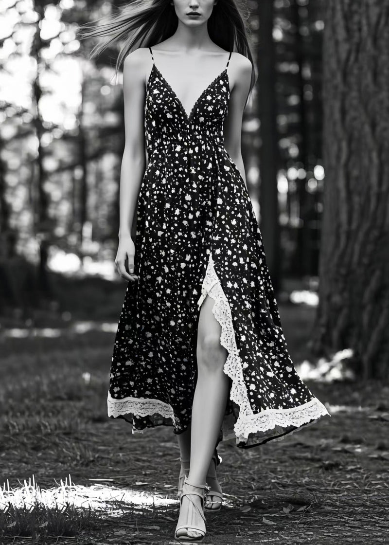 Unique Black Print Side Open Exra Large Hem Cami Dresses Summer