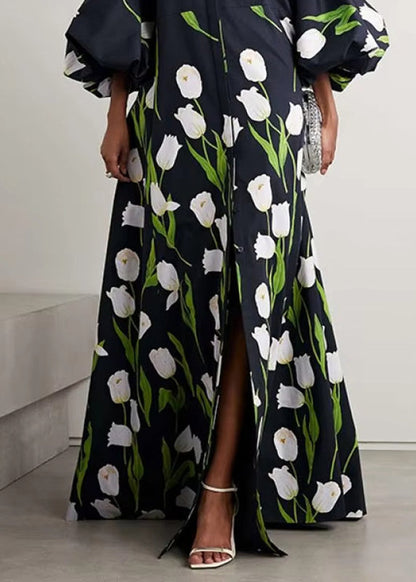 Unique Black Stand Collar Print Button Long Dress Half Sleeve
