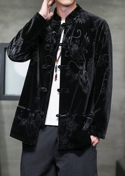 Unique Black Stand Collar Print Button Silk Velour Coat Long Sleeve