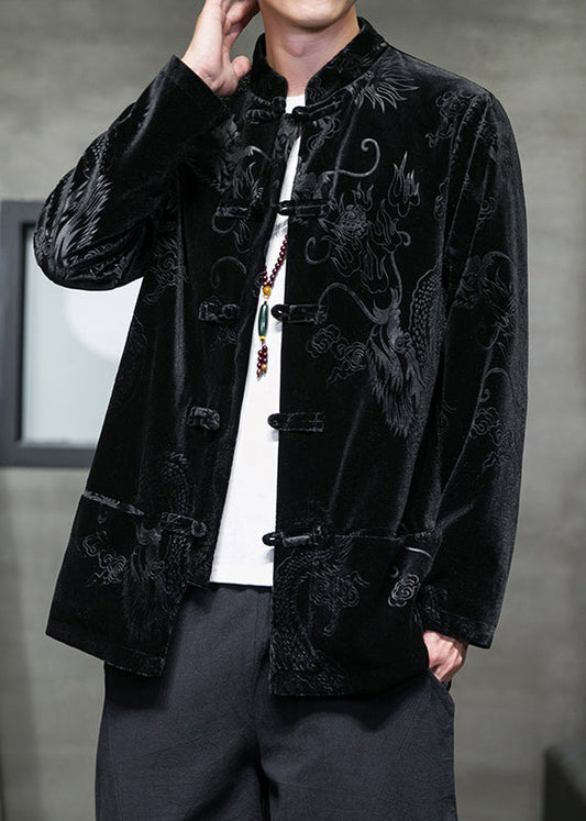 Unique Black Stand Collar Print Button Silk Velour Coat Long Sleeve