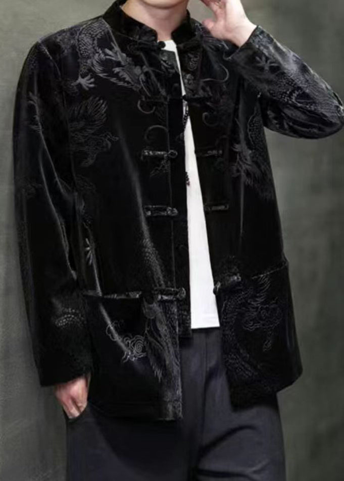 Unique Black Stand Collar Print Button Silk Velour Coat Long Sleeve