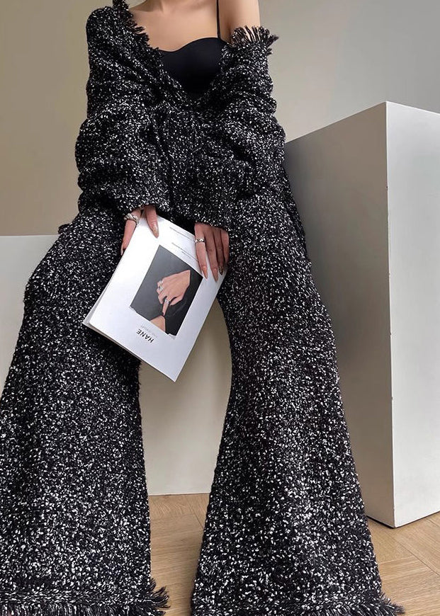 Unique Black Tasseled Tops and Pants Two Pieces Set Fall
