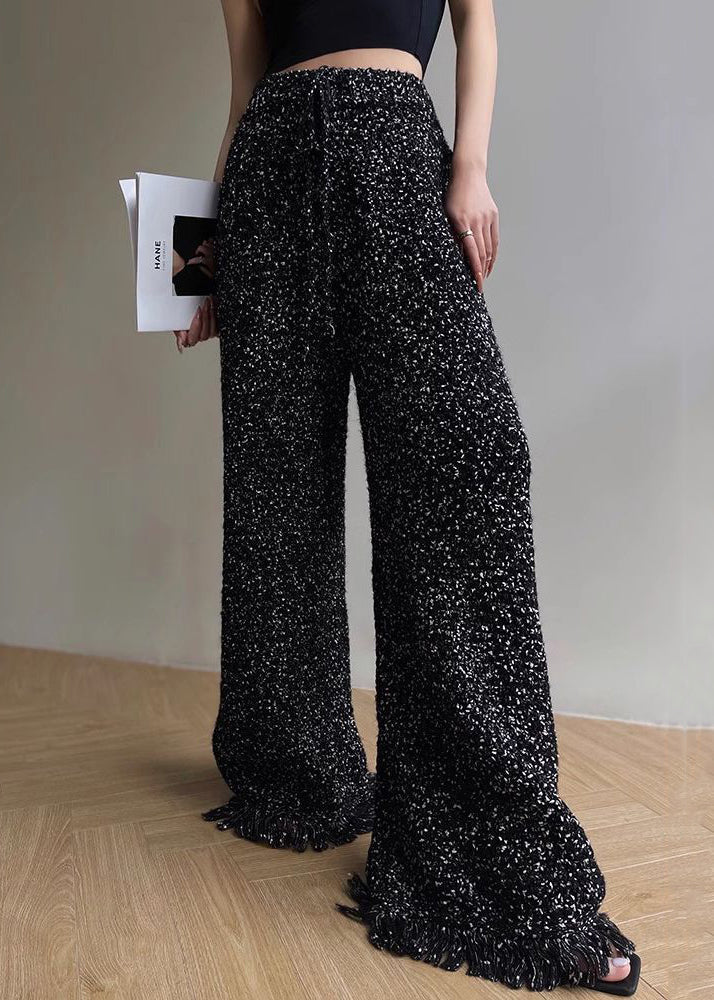 Unique Black Tasseled Tops and Pants Two Pieces Set Fall