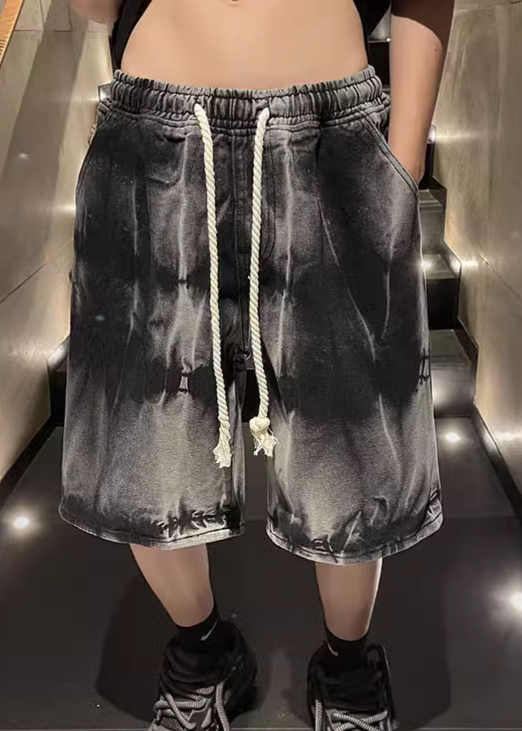 Unique Black Tie Dye Drawstring Denim Shorts Summer