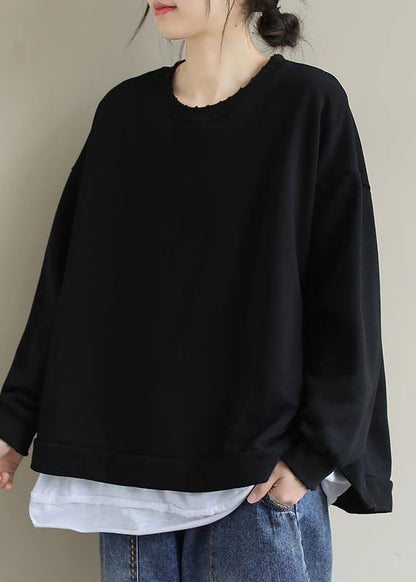 Unique Black Tunic Pattern O Neck False Two Pieces Short Spring Blouses