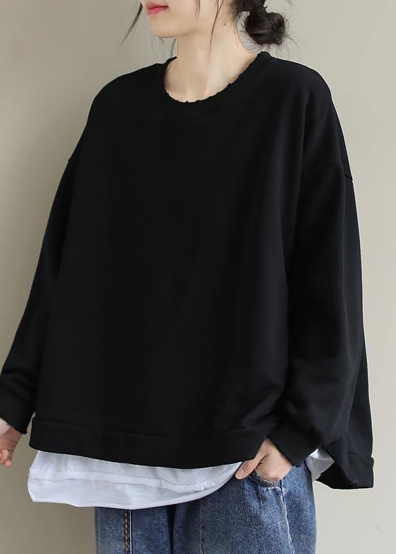 Unique Black Tunic Pattern O Neck False Two Pieces Short Spring Blouses