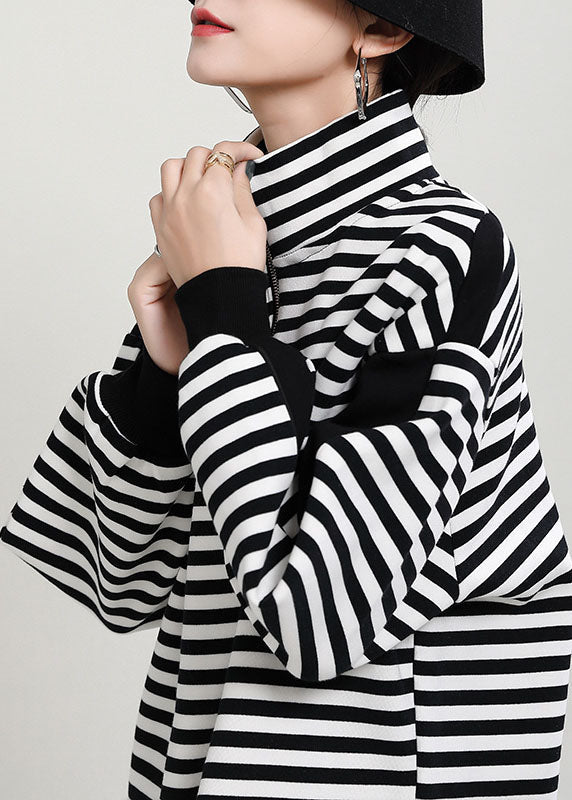 Unique Black White Striped Loose Zippered Patchwork Fall Long Sleeve Top