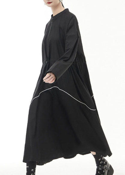 Unique Black Drawstring Zippered Stand Collar Dress Spring