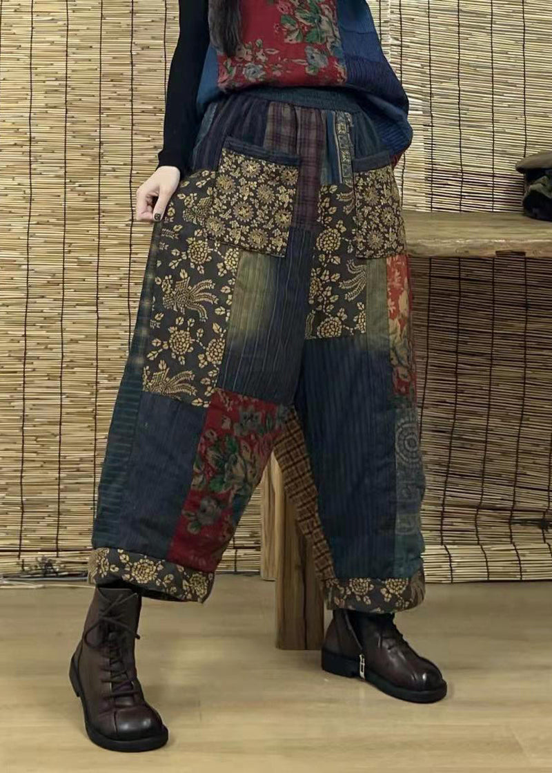 Unique Black Elastic Waist Pocket Patchwork Cotton Pants Spring