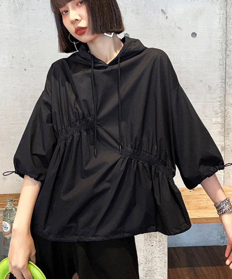 Unique Black Hooded Cinched Half Sleeve Top