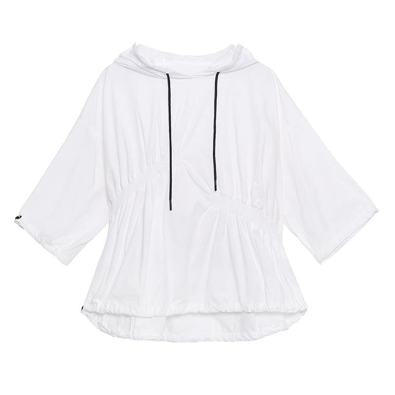 Unique Black Hooded Cinched Half Sleeve Top