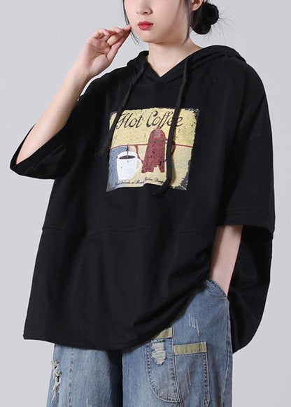 Unique Black Hooded Cotton Loose Sweatshirts Top