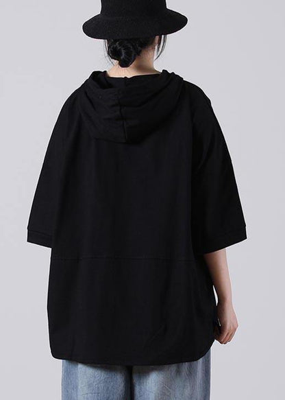 Unique Black Hooded Cotton Loose Sweatshirts Top