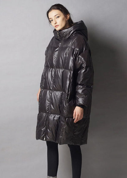 Unique Black Hooded Zippered Winter Duck Down Thick Down Coat