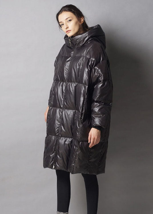 Unique Black Hooded Zippered Winter Duck Down Thick Down Coat
