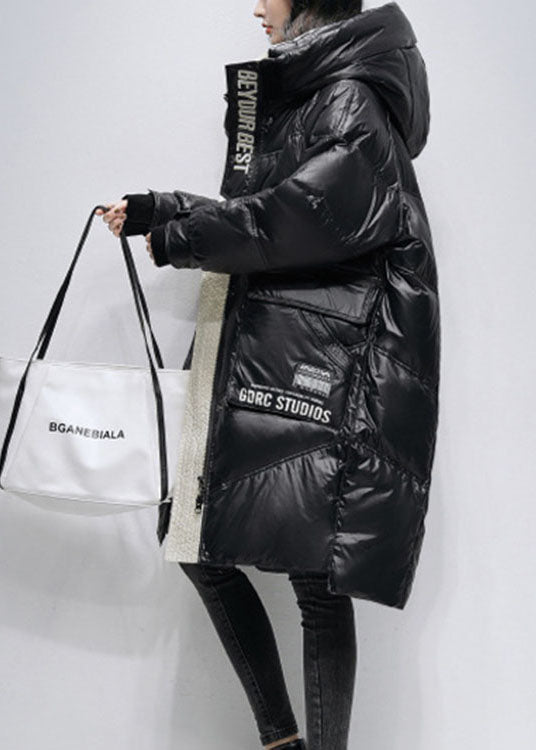 Unique Black Hooded Zippered Low High Design Winter Duck Down Coats