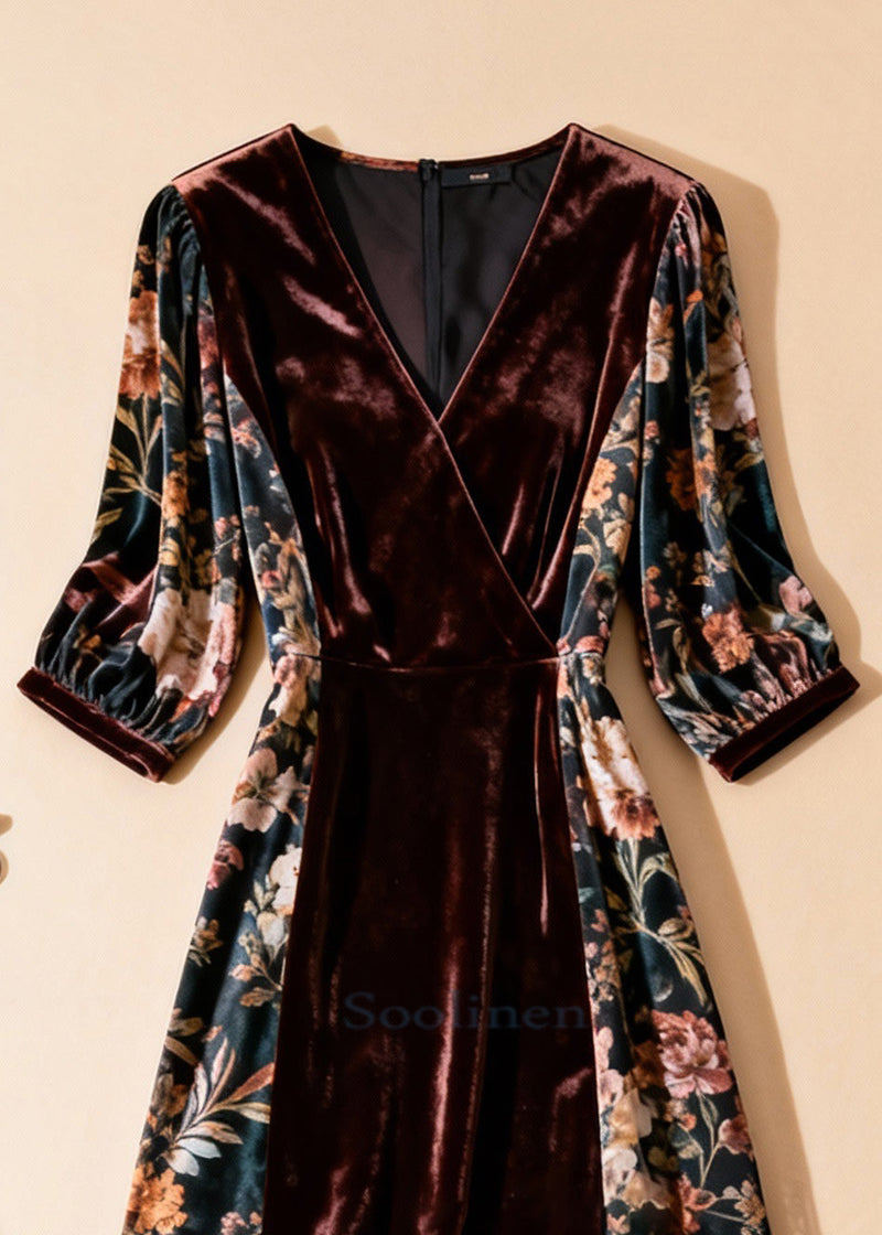 Unique Blackish Green Print Tulle Patchwork Silk Velvet Dresses Half Sleeve