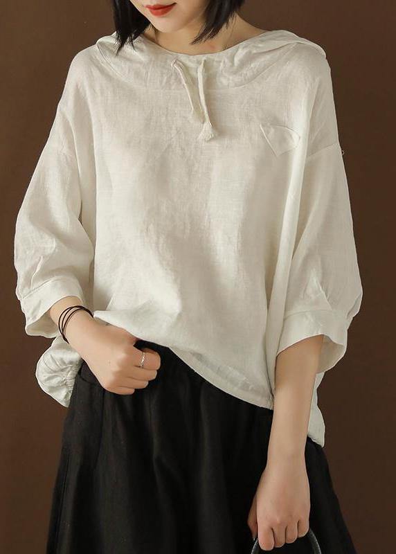 Unique Blouse Indian Linen Summer Literary White Flowers Hooded Three Quarter Sleeve T-shirt