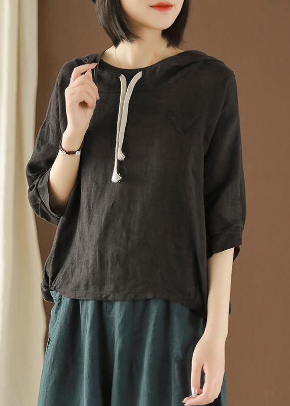 Unique Blouse Indian Linen Summer Literary Purple Flowers Hooded Three Quarter Sleeve T-shirt