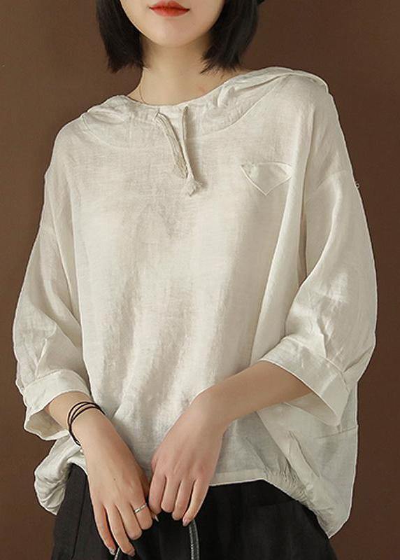 Unique Blouse Indian Linen Summer Literary White Hooded Three Quarter Sleeve T-shirt