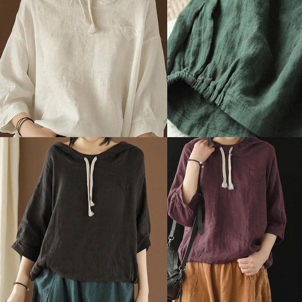 Unique Blouse Indian Linen Summer Literary Grey Flowers Hooded Three Quarter Sleeve T-shirt