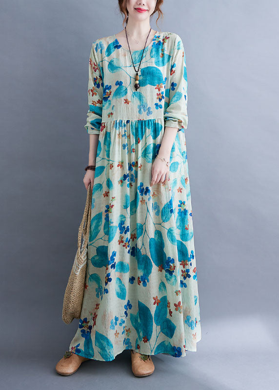 Unique Blue Baggy O-neck Wrinkled Print Long Dress Long Sleeve