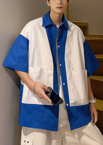 Unique Blue Button Pockets Patchwork Cotton Shirt Half Sleeve