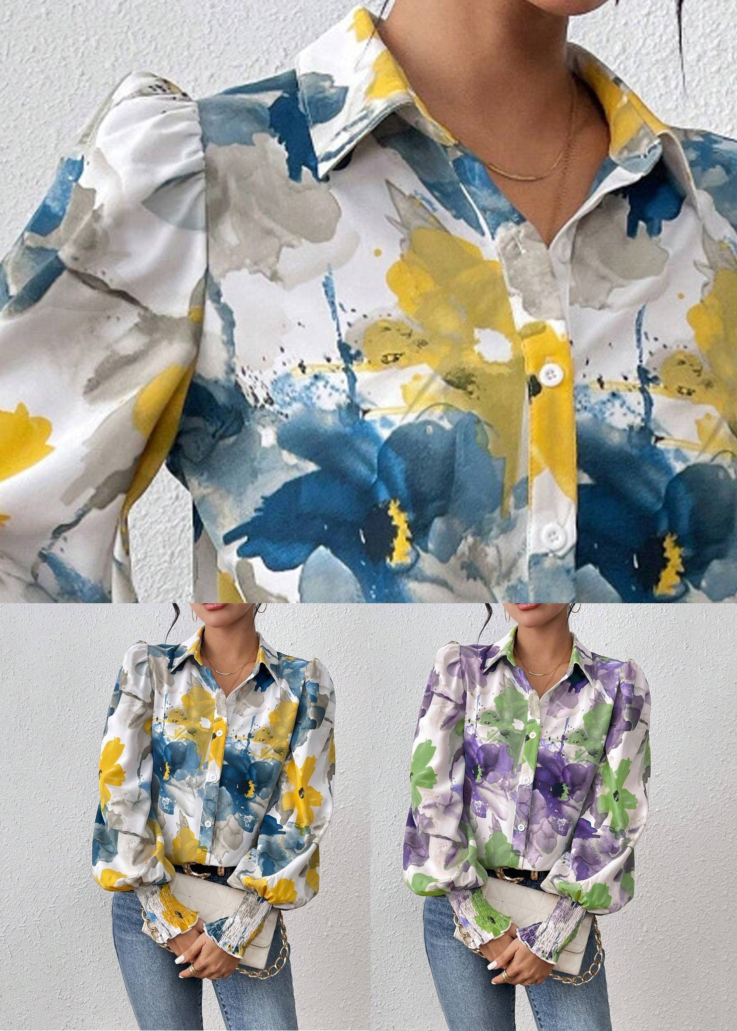 Unique Blue Button Print Cotton Blouses Spring