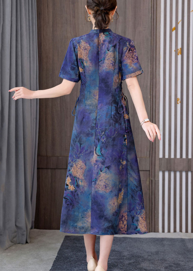 Unique Blue Mandarin Collar Tie Waist Tie Dye Silk Dresses Short Sleeve
