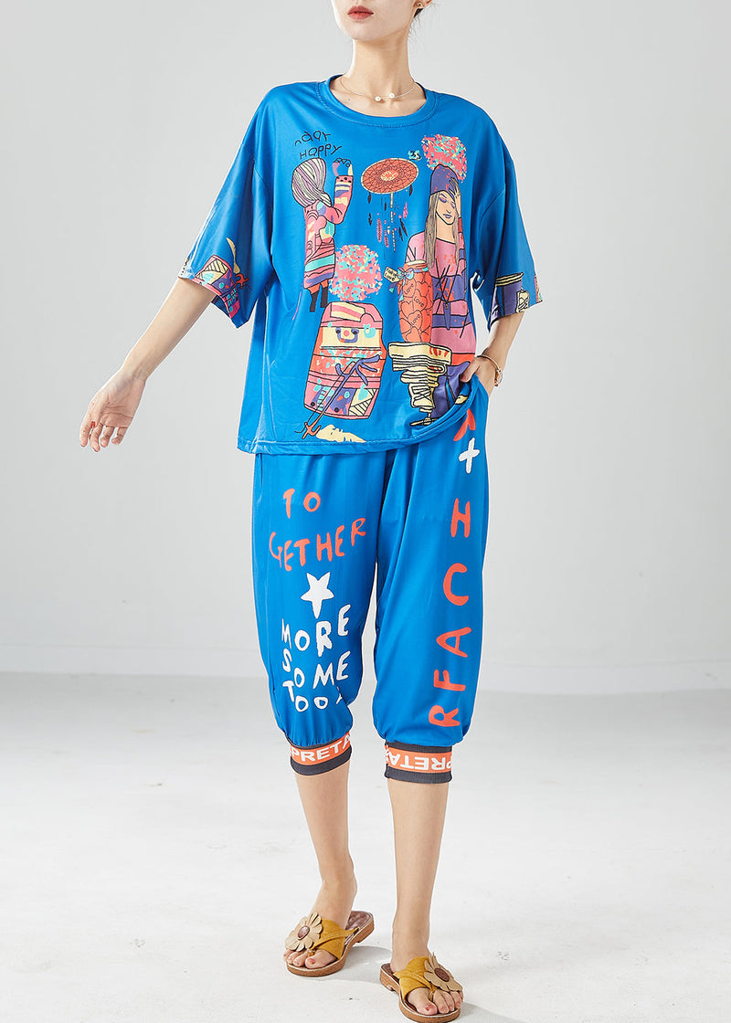 Unique Blue Oversized Print Silk Tops and Pants Two Pieces Set Summer