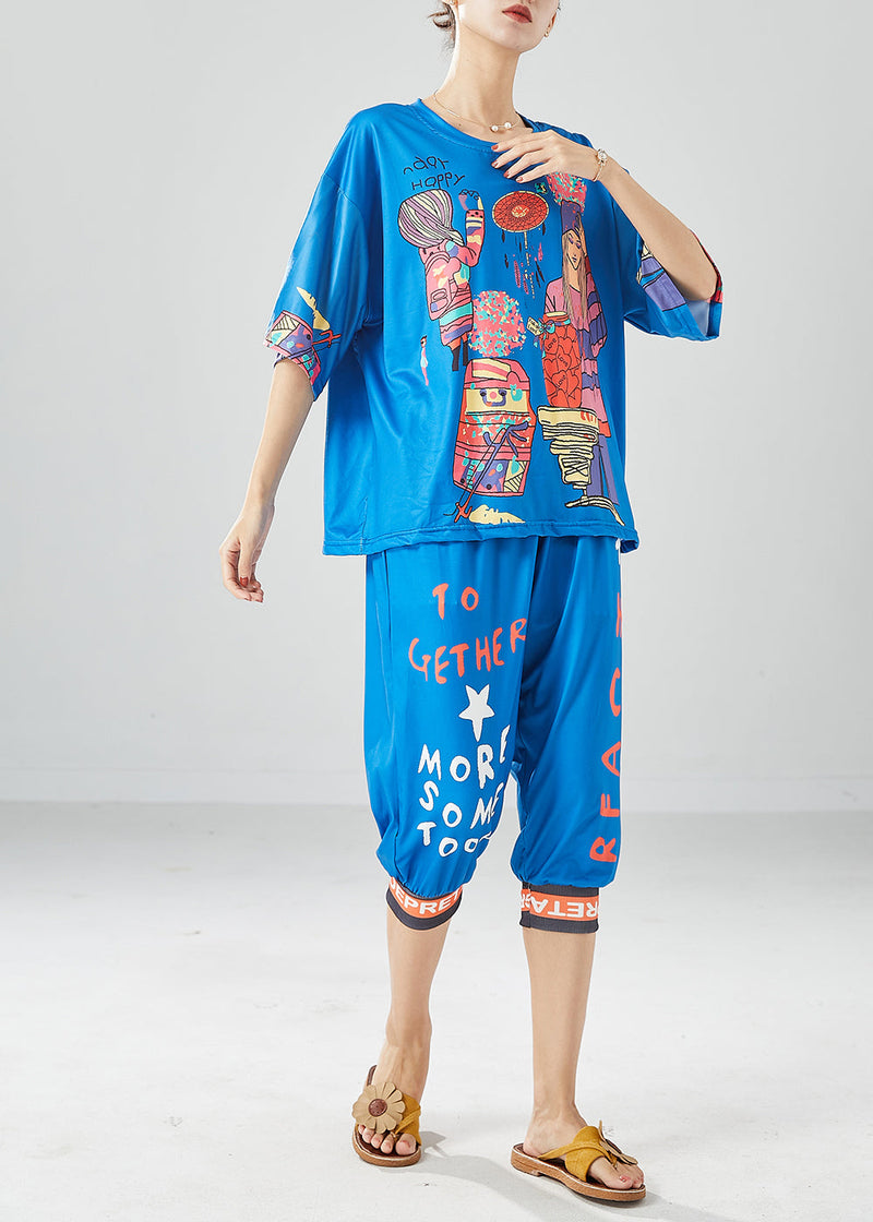 Unique Blue Oversized Print Silk Tops and Pants Two Pieces Set Summer