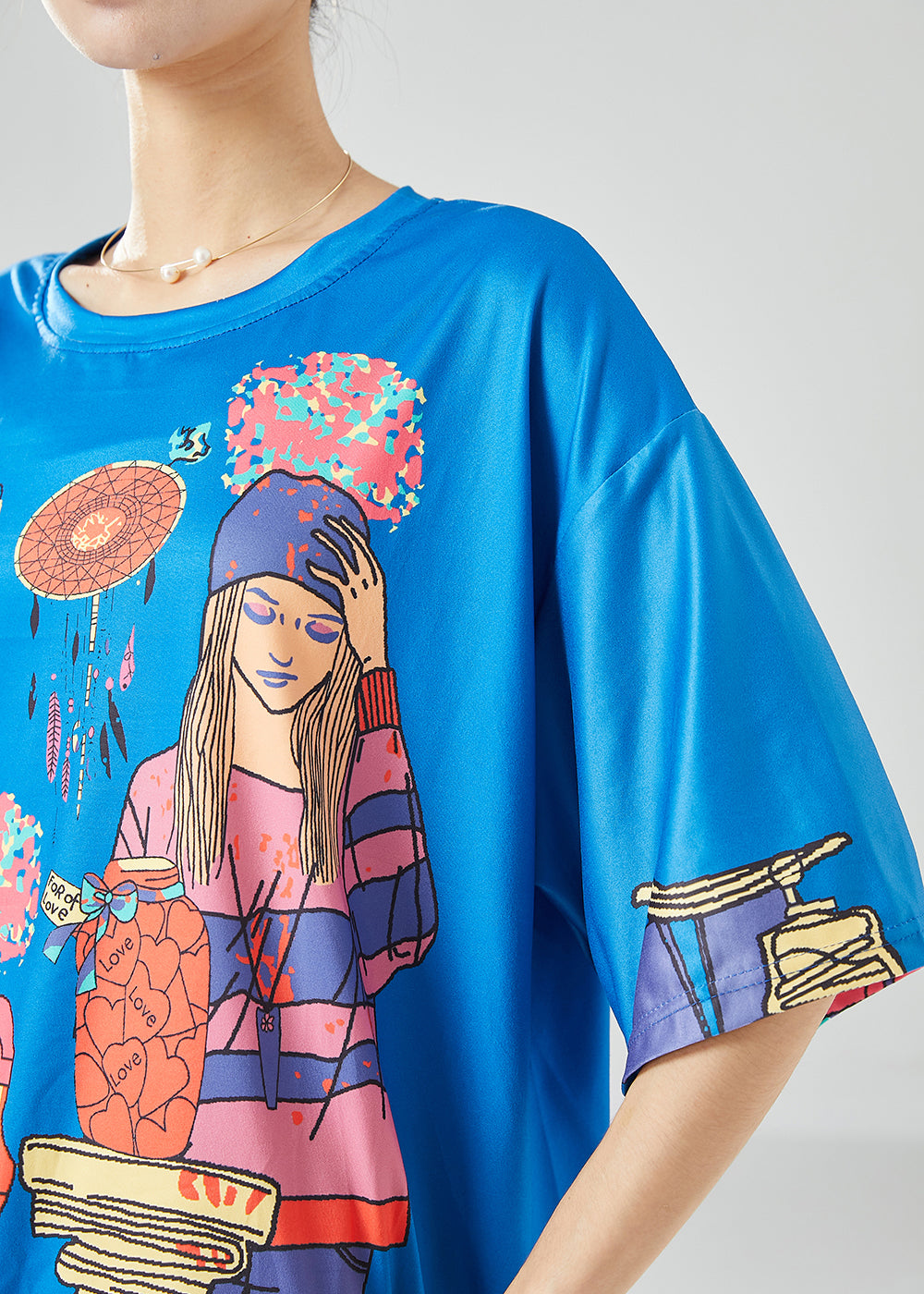 Unique Blue Oversized Print Silk Tops and Pants Two Pieces Set Summer