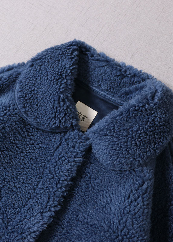 Unique Blue Peter Pan Collar Button Faux Fur Thick Winter Coat