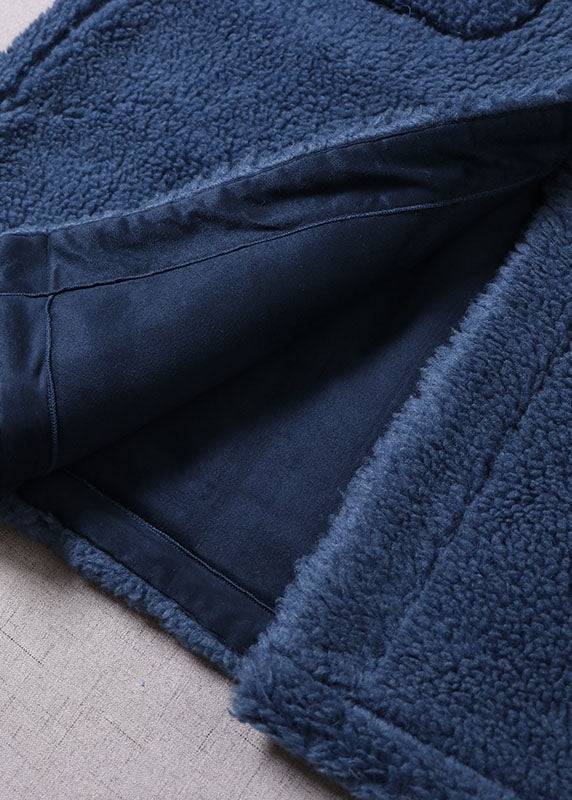 Unique Blue Peter Pan Collar Button Faux Fur Thick Winter Coat