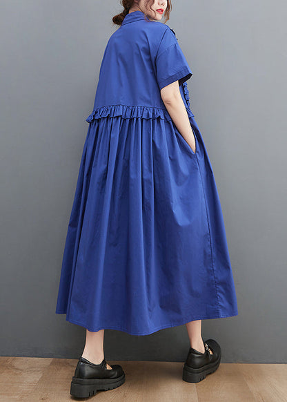 Unique Blue Peter Pan Collar Button Wrinkled Cotton Shirt Dress Short Sleeve