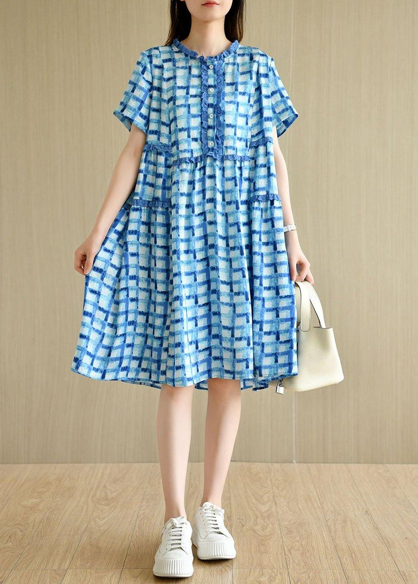 Unique Blue Plaid O-neck a Line Summer Chiffon Dress Short Sleeve